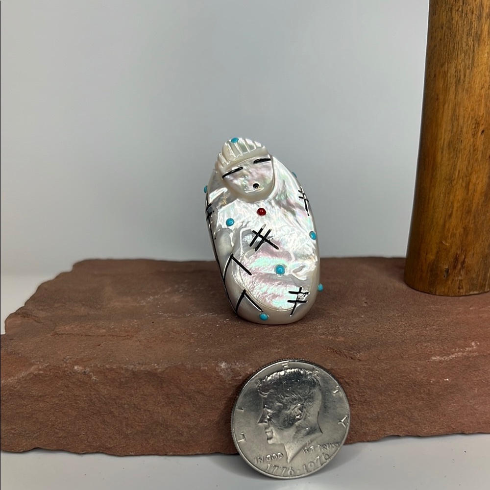 Handcrafted Mother of Pearl-Corn Maiden Figurine with Turquoise Accents.